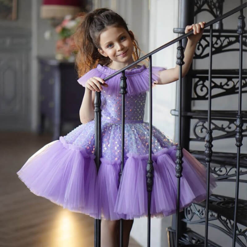 Robe De Soirée Fille F&F Violette à Fleurs Et Détails Résille - Taille 11-12 Ans - Manches 3/4 - Idéale Mariage, Fête, Bal